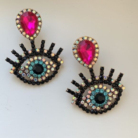 Colorful Eye Mosaic Crystal Rhinestone Earrings, Evil Eye Studs, Pink Protection - Picture 3 of 11